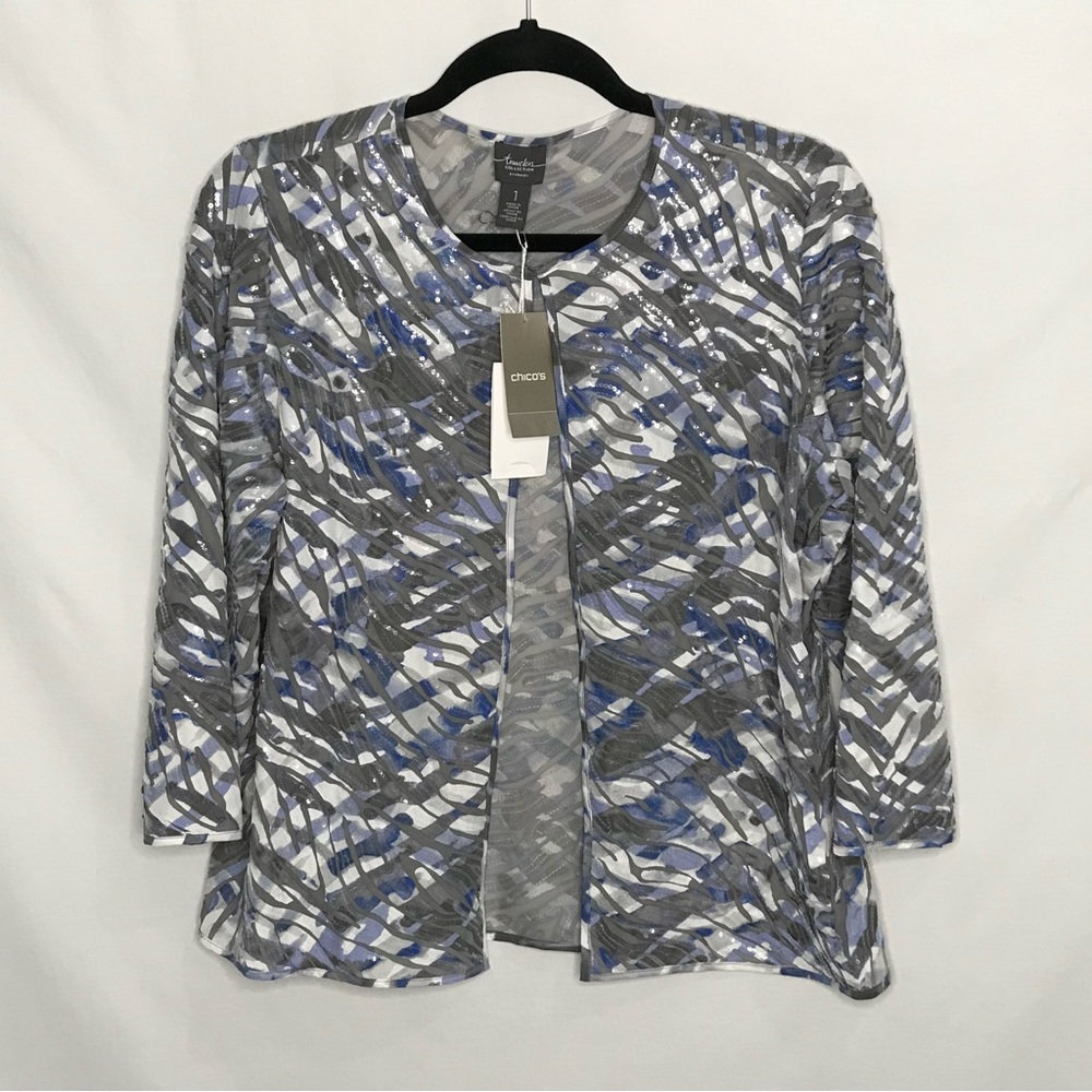 NWT Chico's Travelers Collection Watercolor Applique Jacket Sz 1 Medium $149 Tex